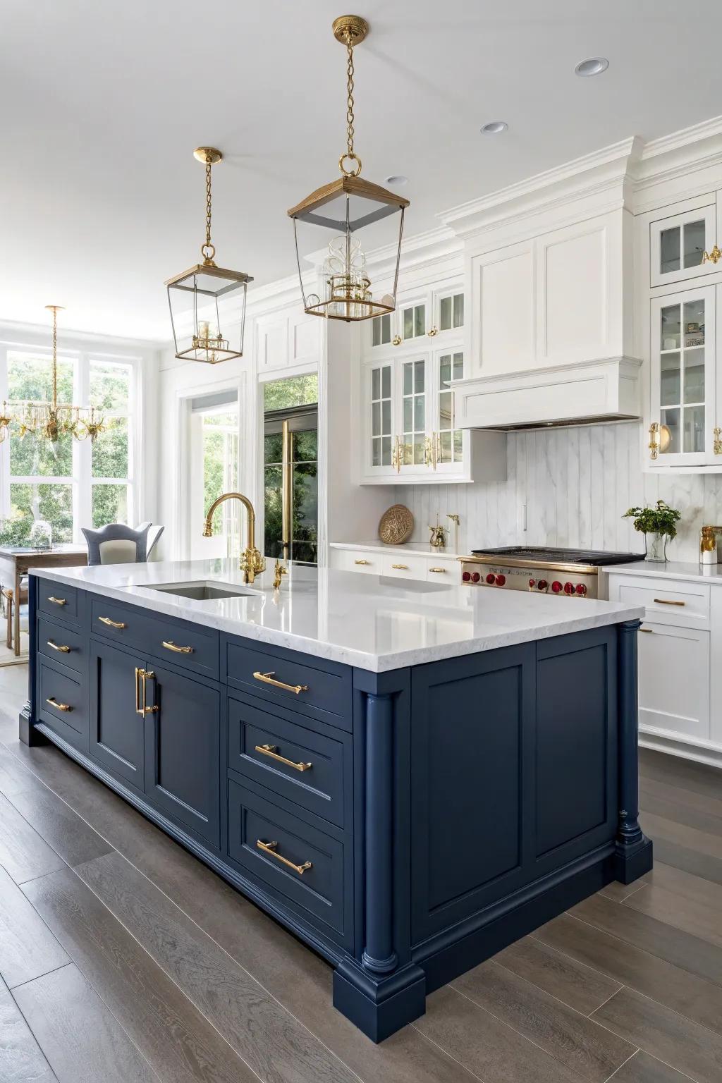 An eye-catching ocean blue kitchen island becomes a chic centerpiece in this stylish kitchen.