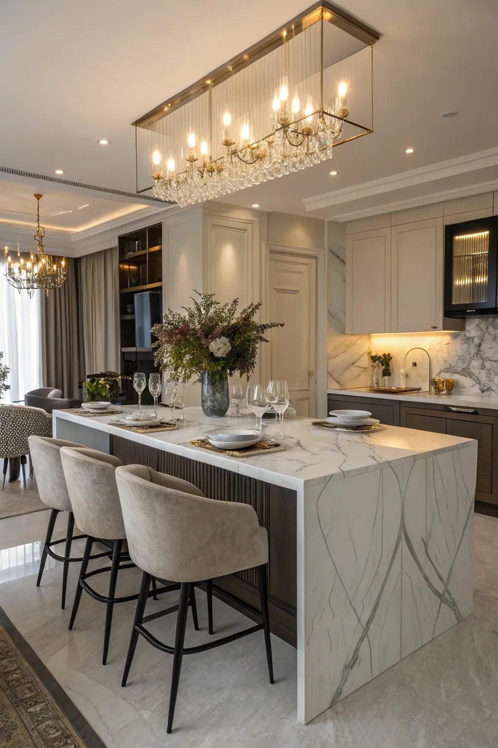 A sleek marble island transforms into an elegant dining table.