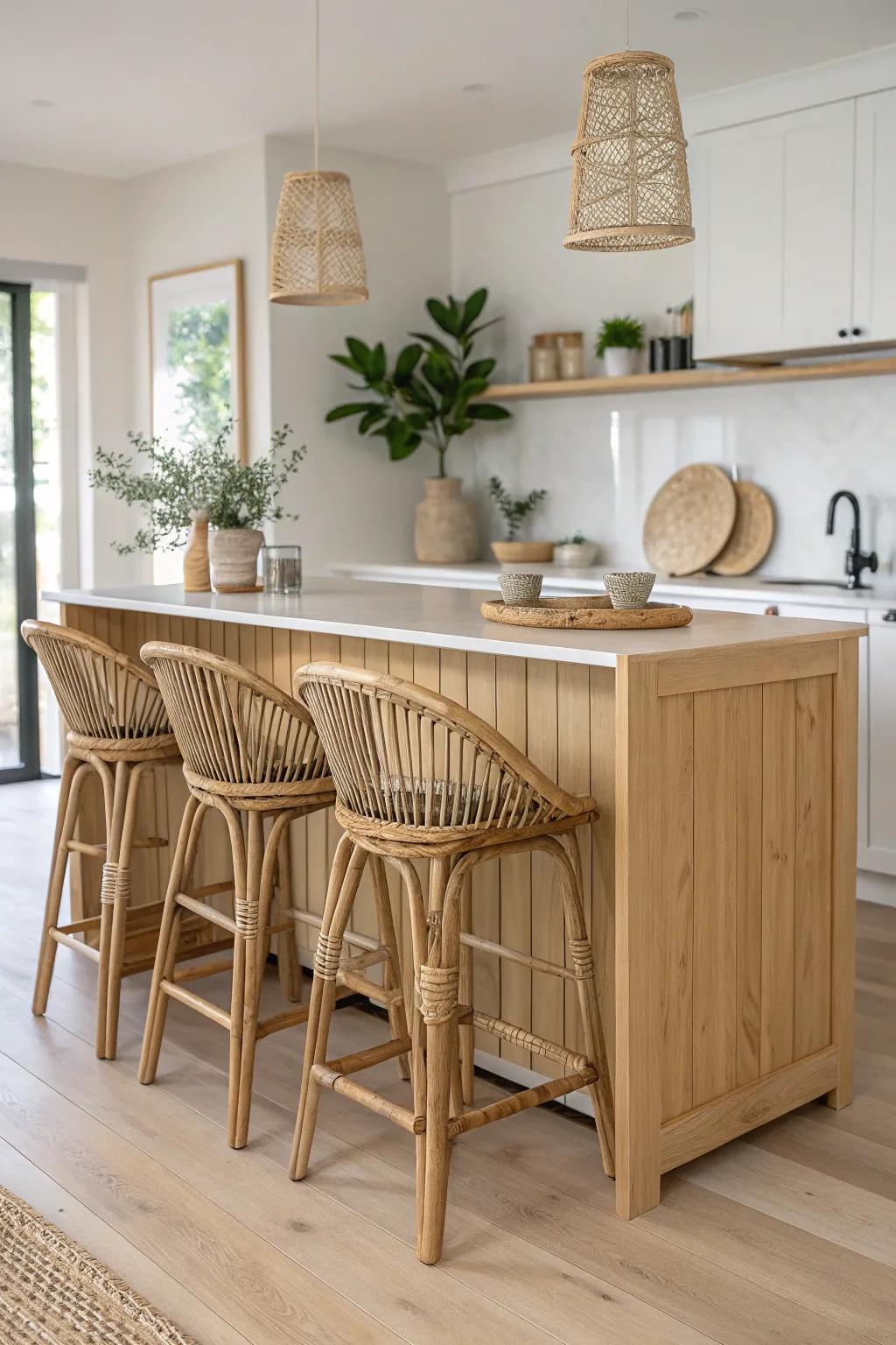Transform your kitchen island into a stylish social hub with beautifully crafted rattan seating. #ScandiBoho #KitchenInspiration