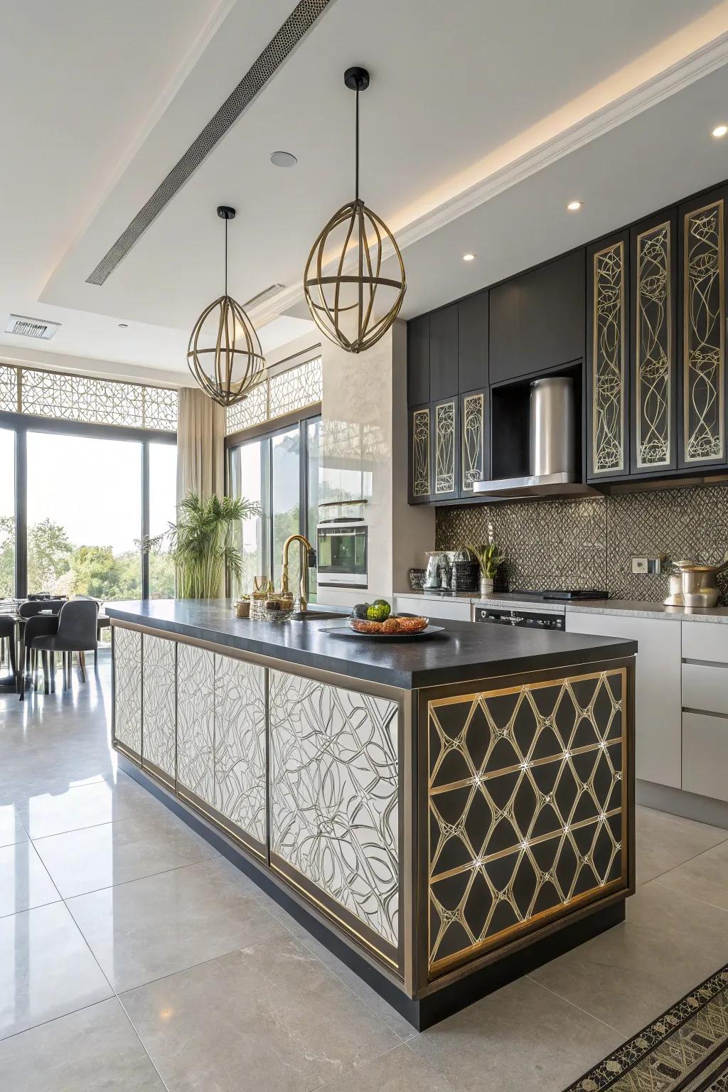 Modern island with eye-catching geometric trim patterns.