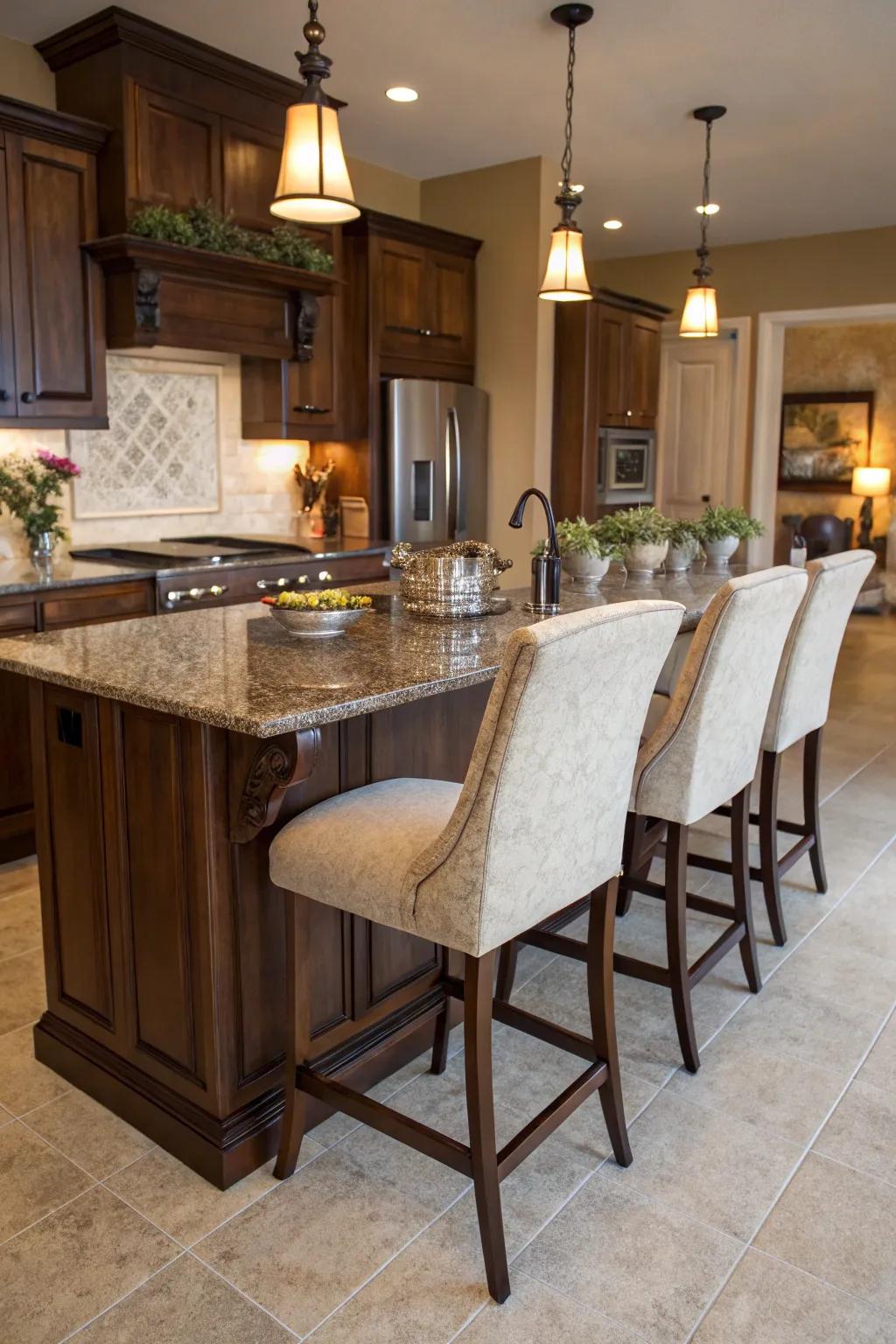 High-backed chairs bring a sense of comfort to your kitchen seating.