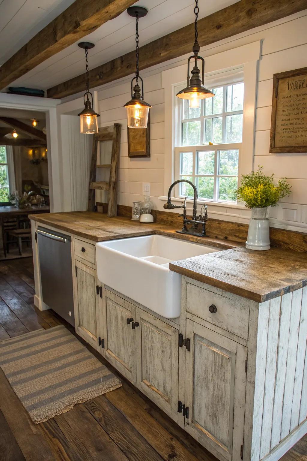 A rustic farmhouse kitchen island with a charming apron-front sink.