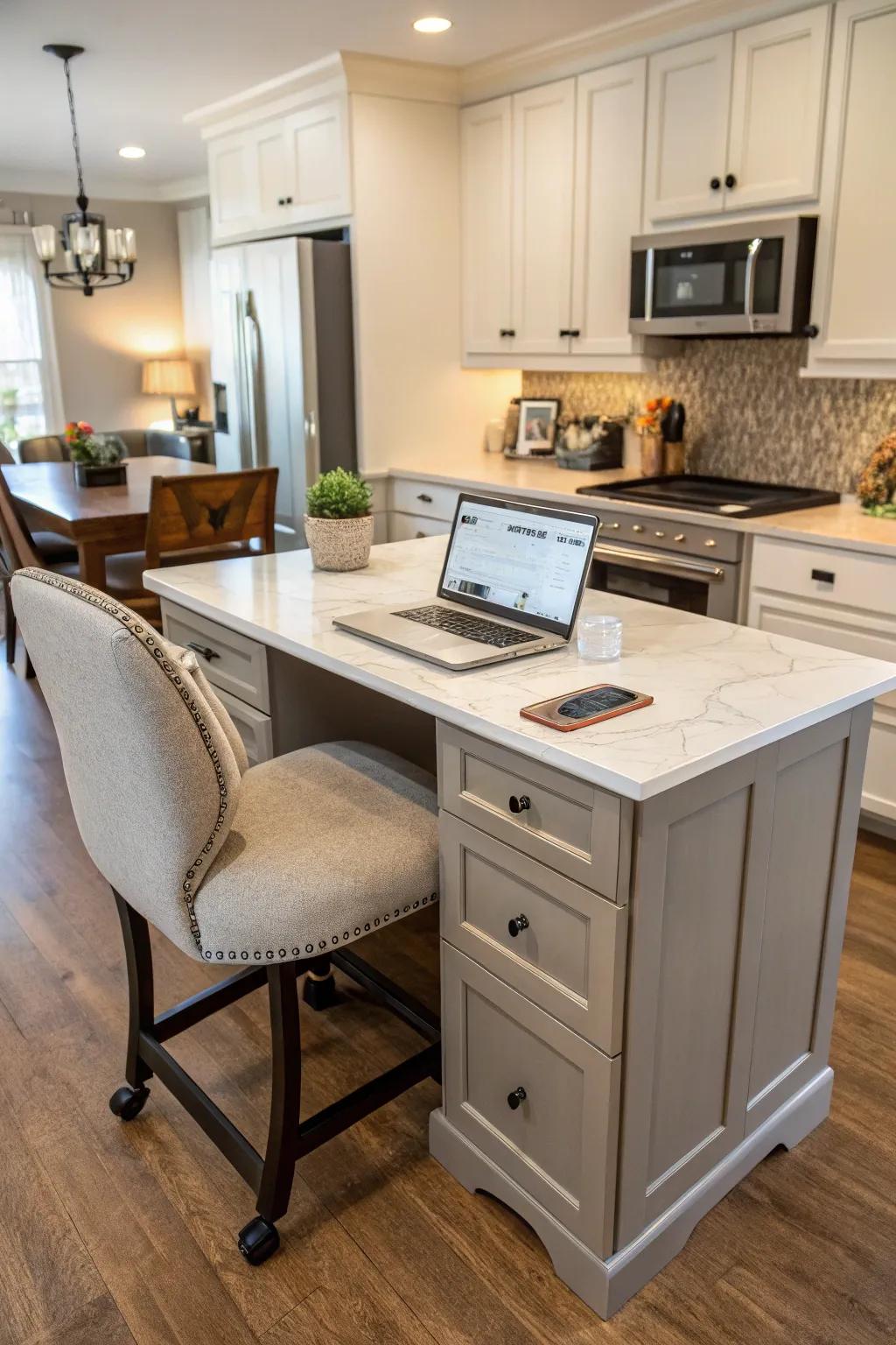 A kitchen island that seamlessly integrates an office space.