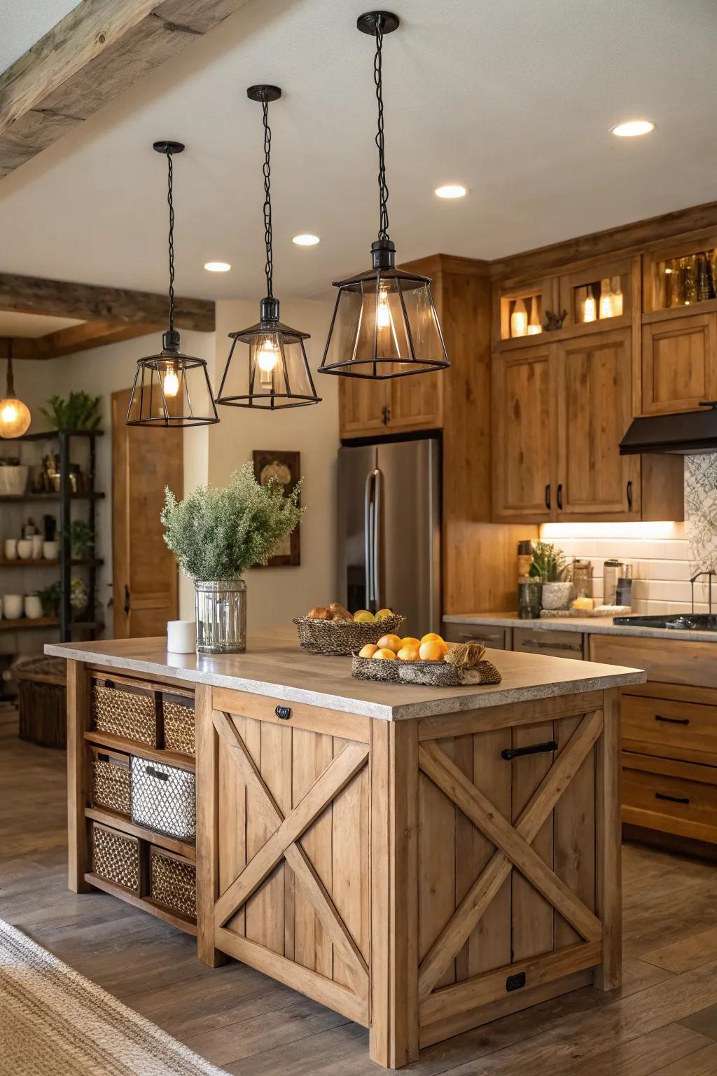 Country-style pendant lights bring warmth and charm.