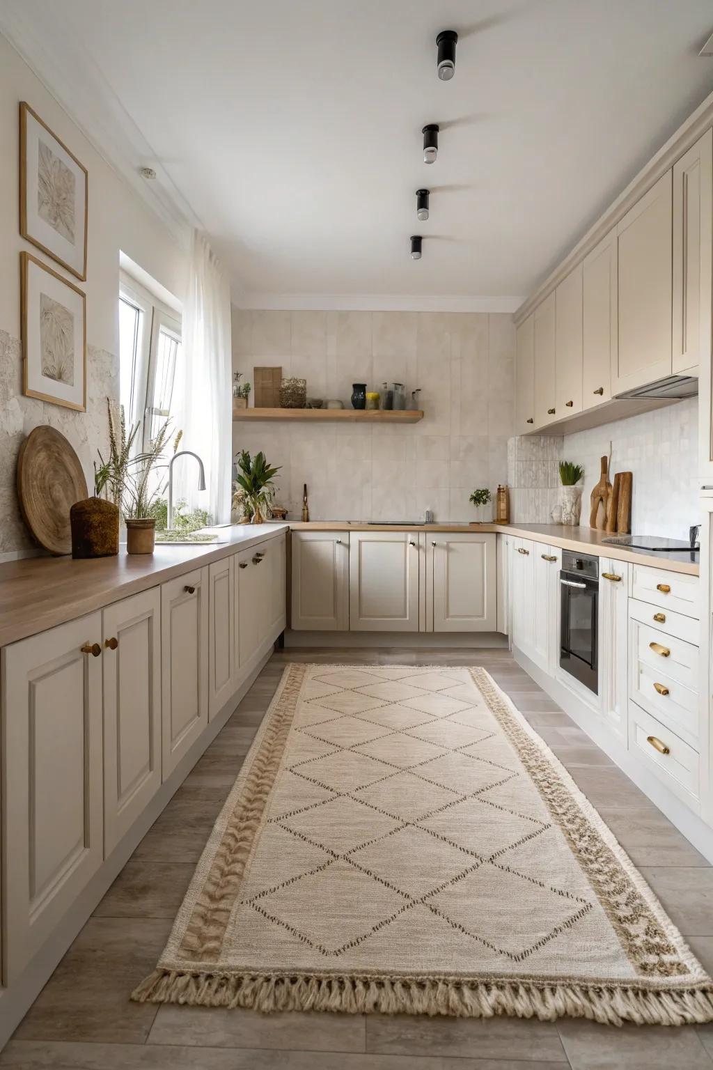 Floor coverings in neutral hues deliver lasting sophistication and tranquility to any kitchen setting.