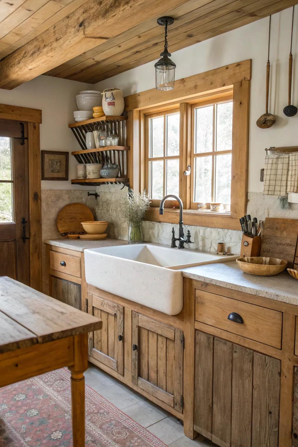 A charming rustic kitchen with a prominent farmhouse sink.