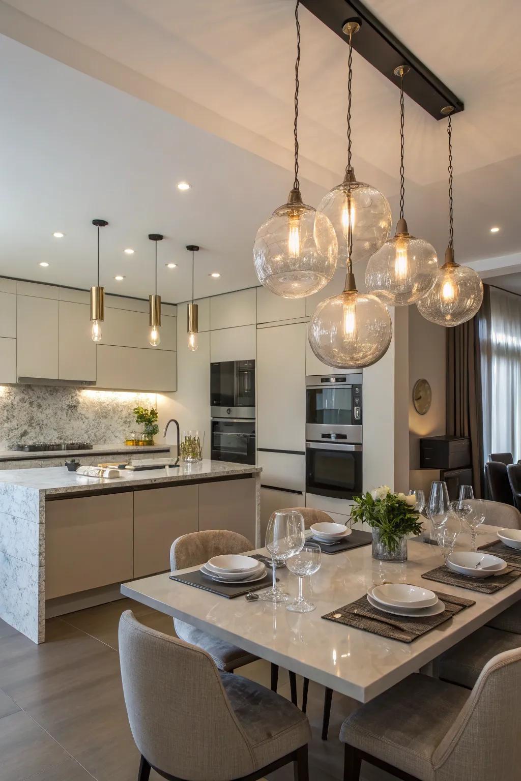 Clustered pendant lights add a modern touch to kitchen tables.