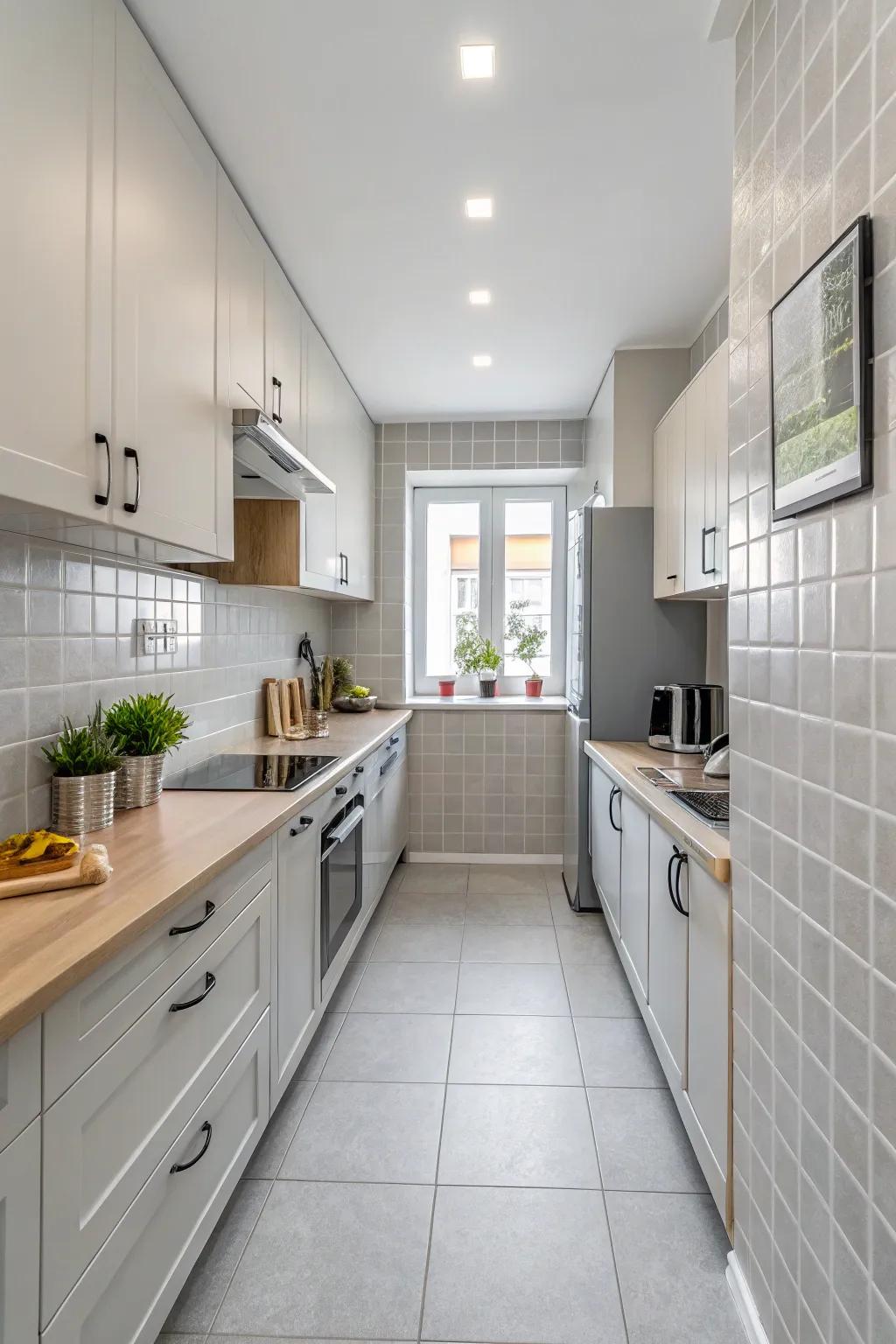 Soft gray tiles engender a sense of tidiness and space within this cooking area.