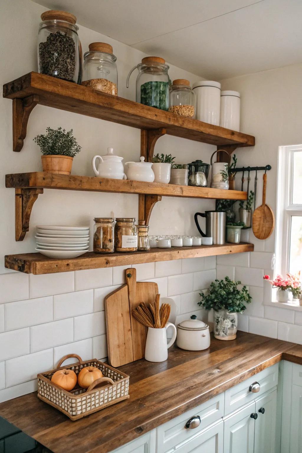 Weathered timber shelves infuse warmth and personality into any kitchen.