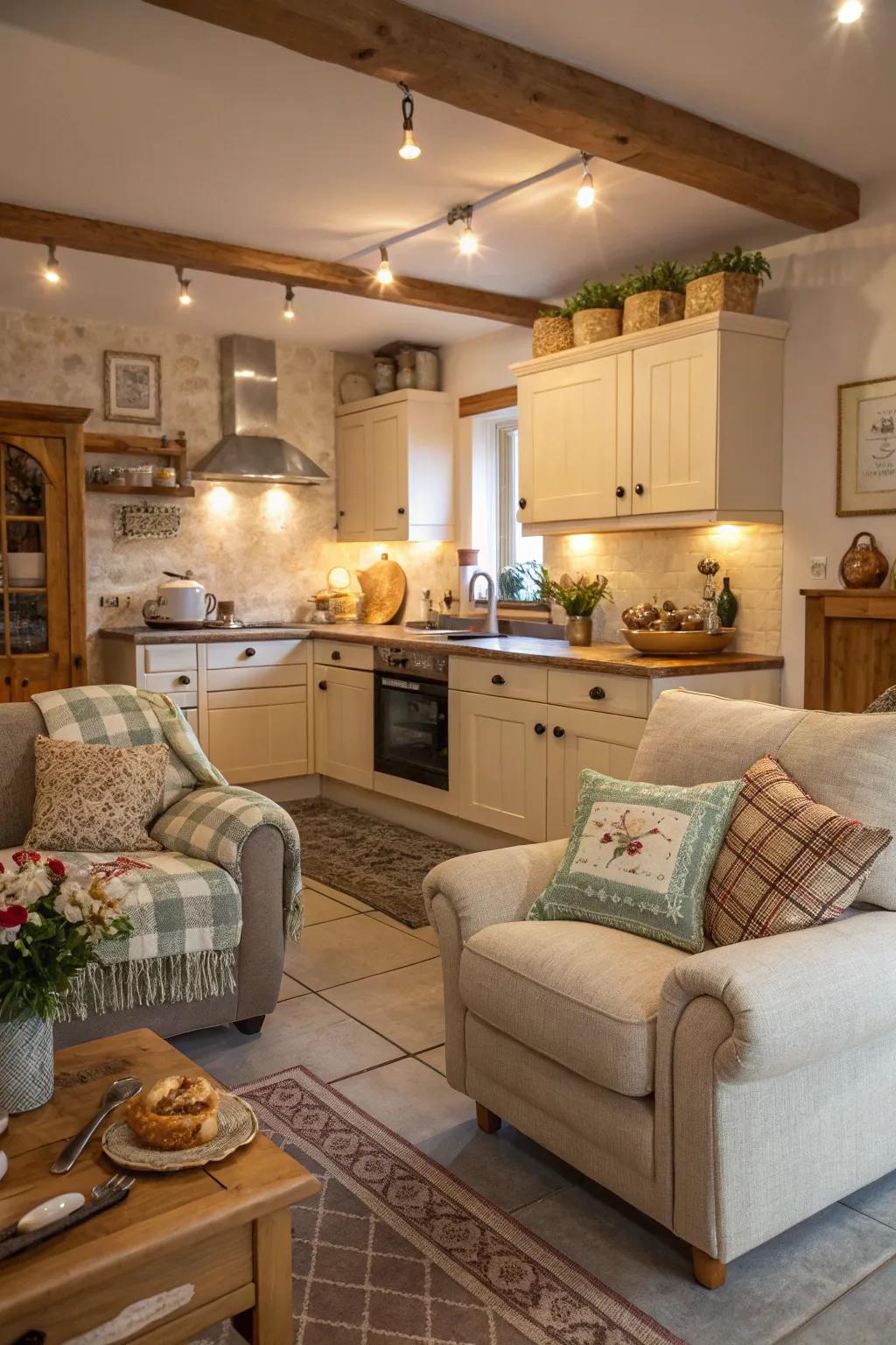 A kitchen featuring comfortable seating with a sofa and armchairs, perfect for relaxation.
