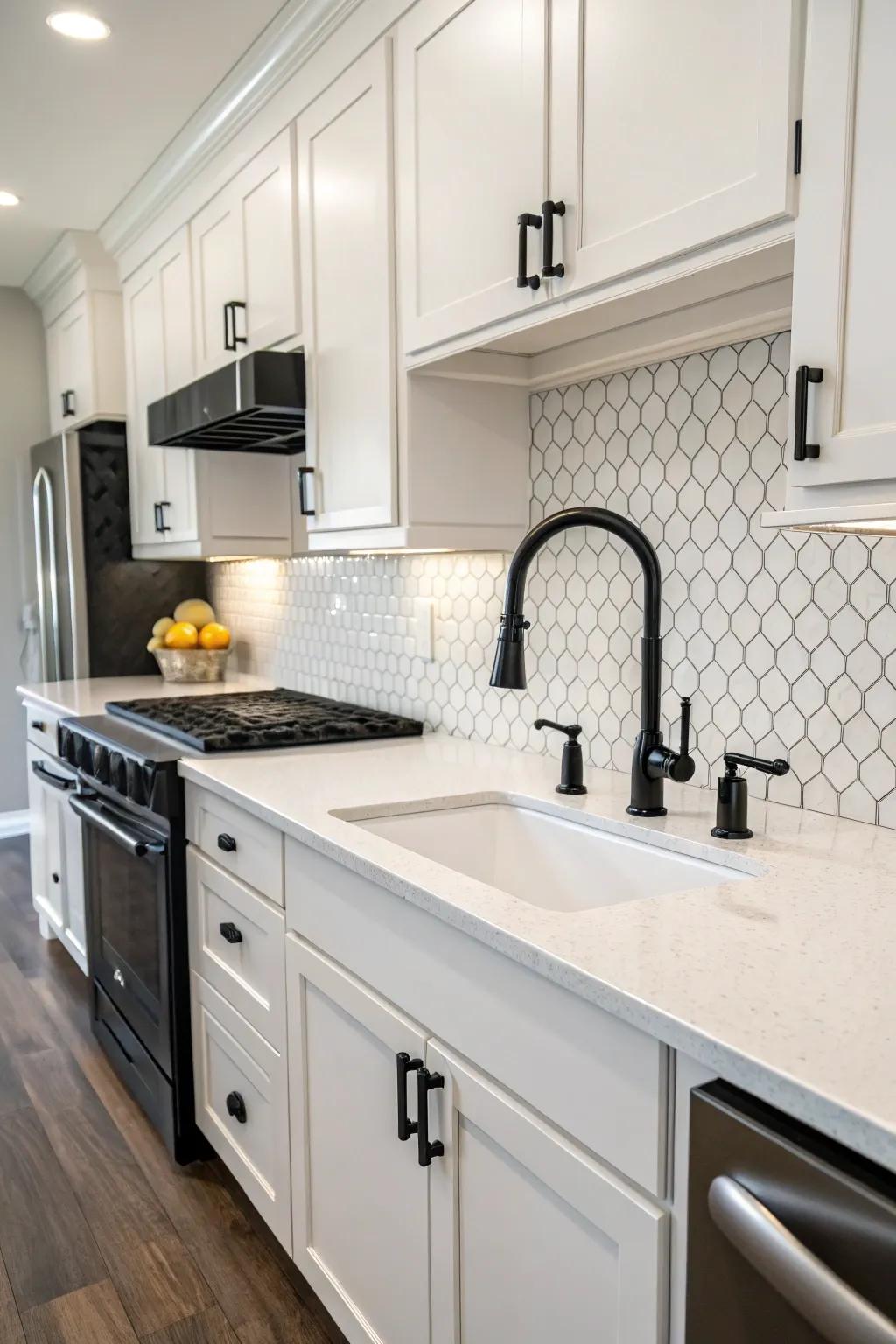 Black fixtures provide a striking contrast to the white countertops in this minimalist kitchen.