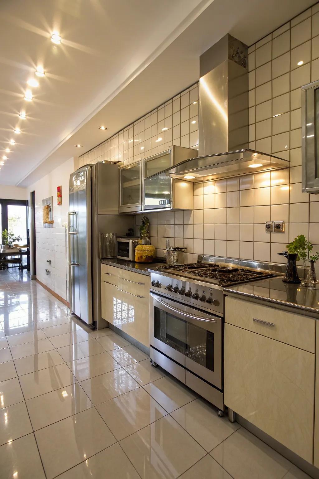 In a kitchen without windows, reflective facets improve light distribution.