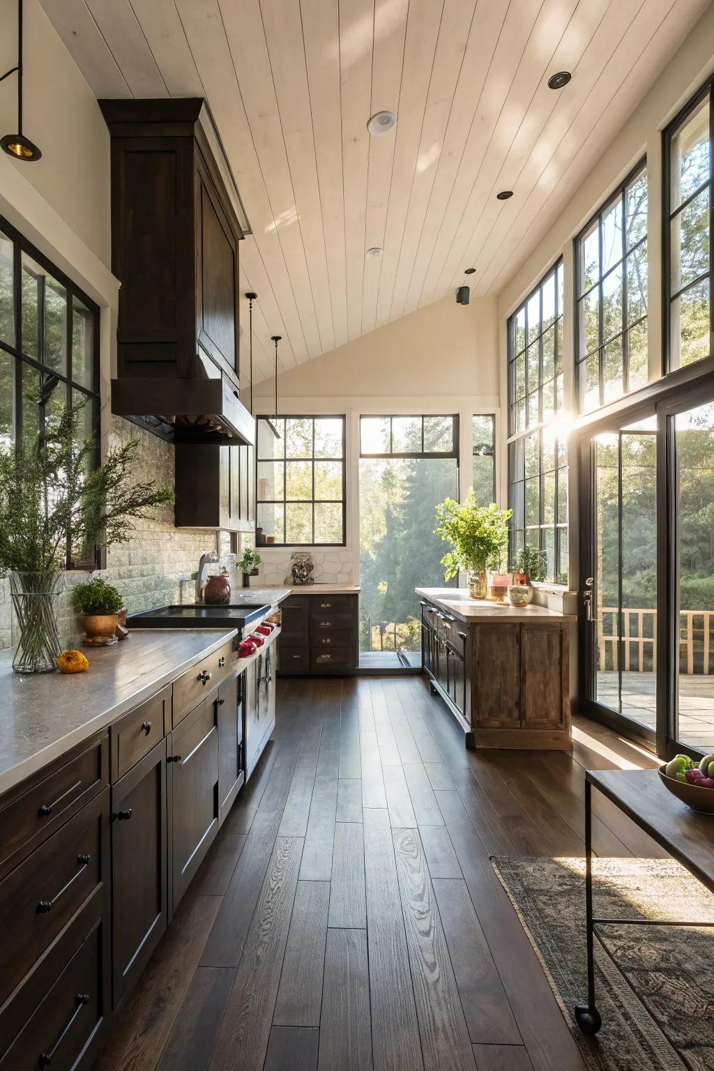 Natural light flooding a kitchen with dark floors, creating a bright and airy atmosphere.