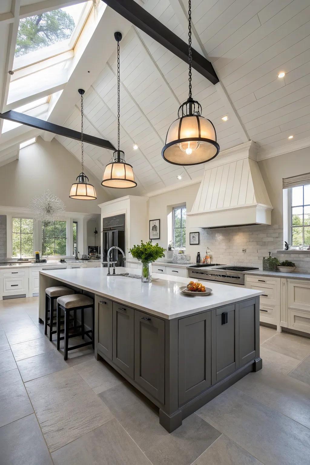 Striking hanging lights brighten and emphasize the kitchen's height.