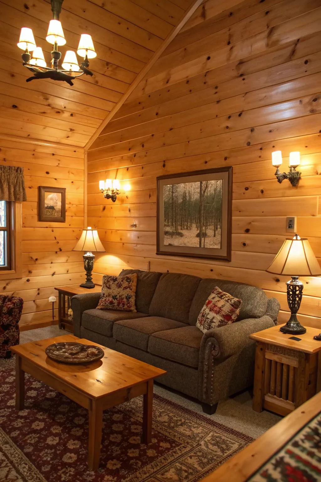 Toasty lighting solutions throwing a snug radiance on knotty pine walls.