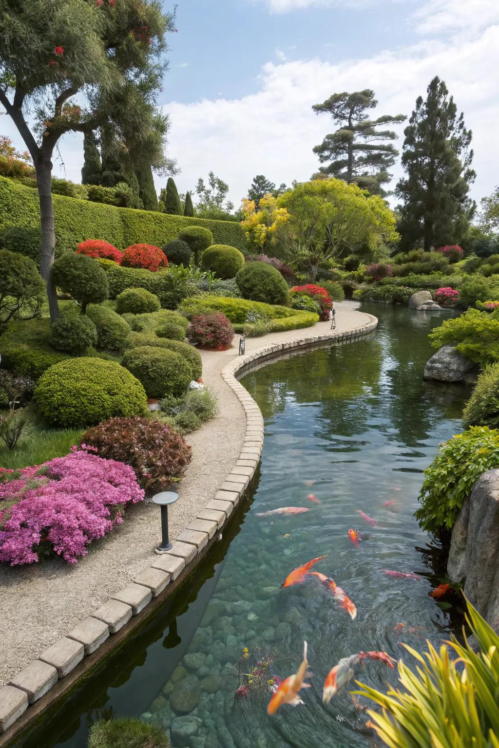 A vivid explosion of nature envelops this koi pond.