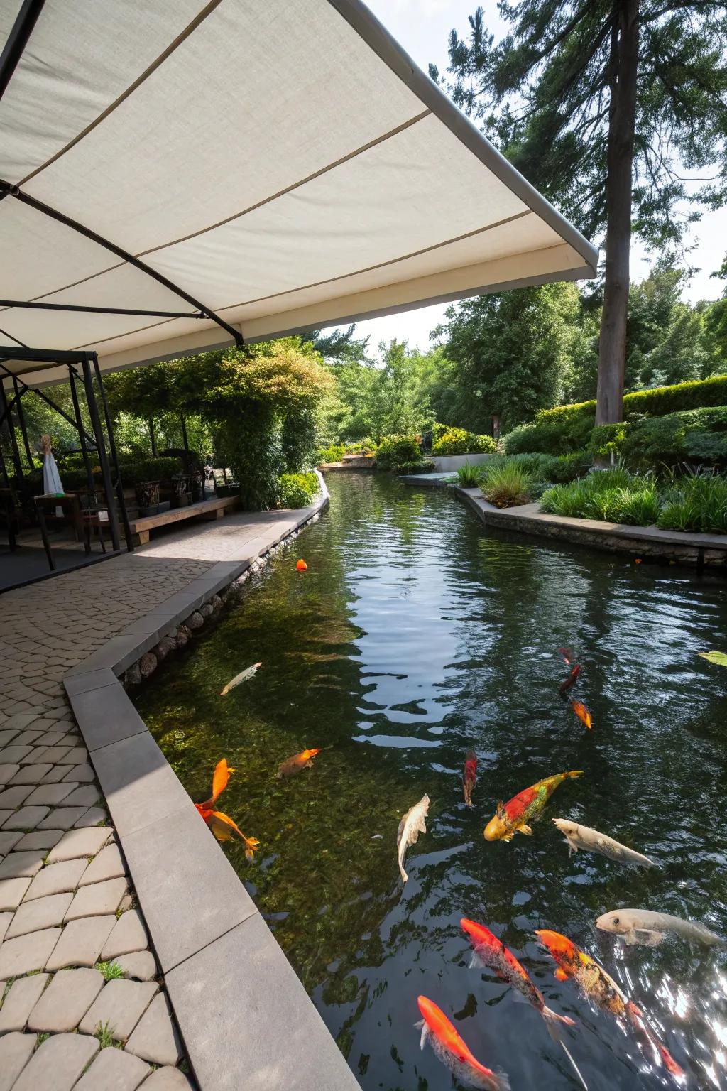 A koi pond enhanced with a retractable canopy, delivering shade that adapts to your needs.