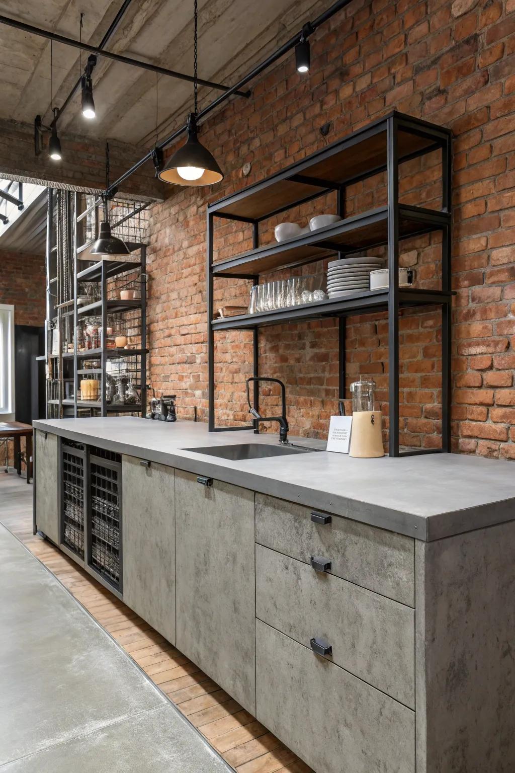 Cement-look laminate establishes a contemporary, industrial cooking space atmosphere.