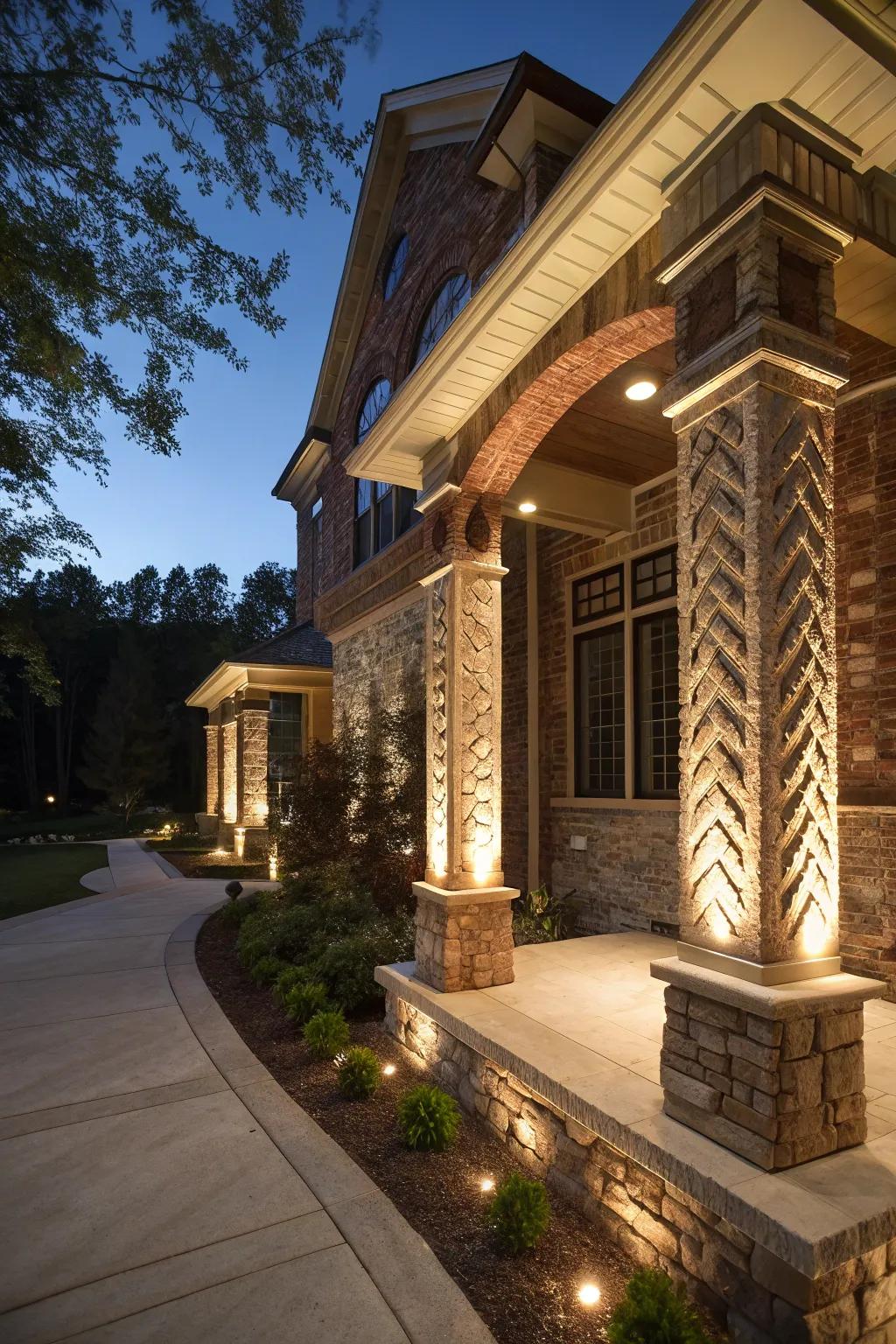 Feature illumination animates architectural details as darkness falls.