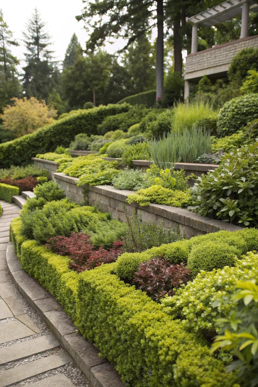 A layered garden bed showcasing a variety of plant heights for added depth.
