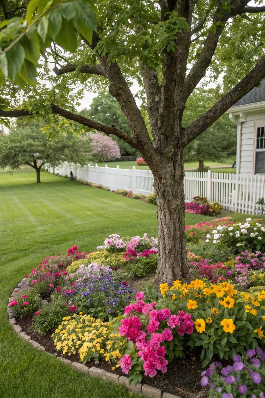 A tree encircled by a vibrant flower bed, adding a splash of color to the landscape.