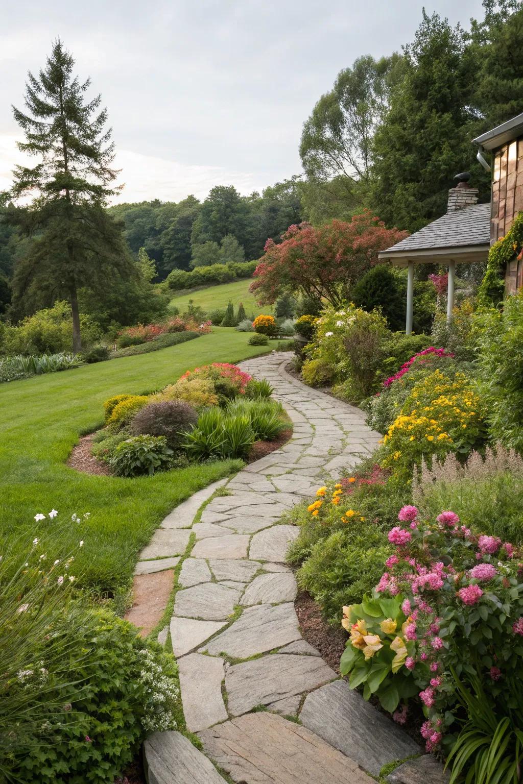 A meandering stone pathway warmly guides you to the front door.