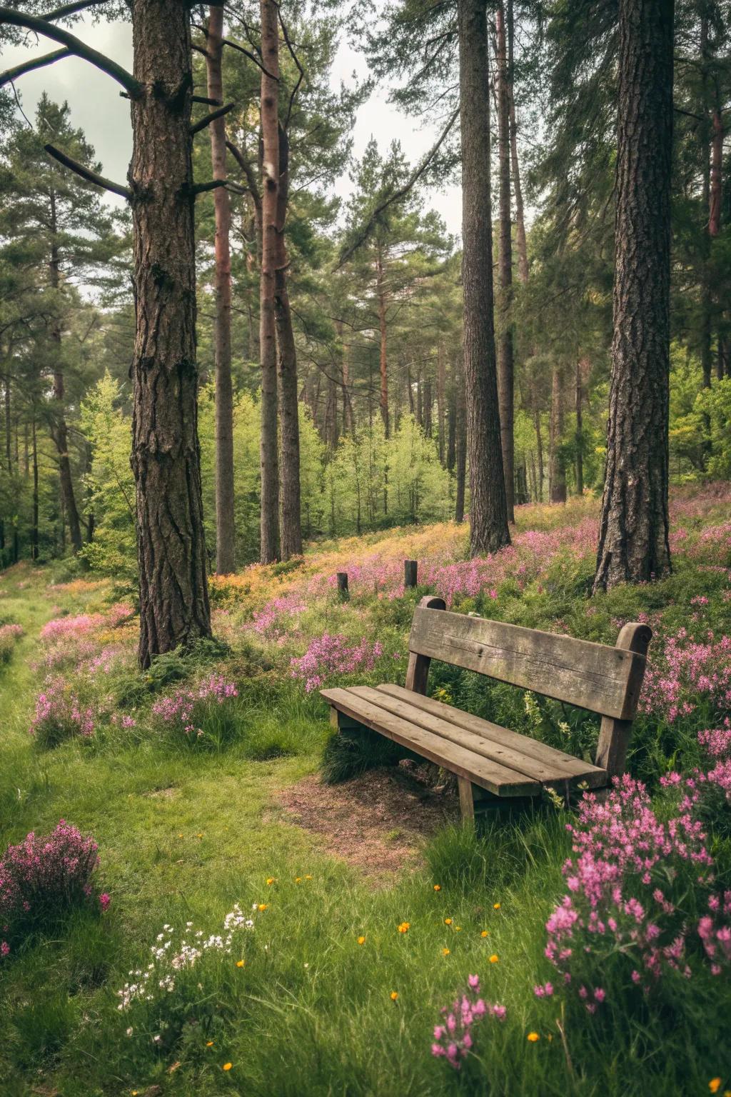 A beautiful bench resting in the forest, perfect for calming relaxation.