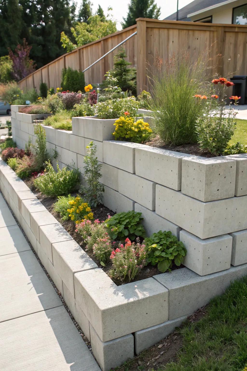 Stone blocks present an elegant, durable choice for elevated gardens.