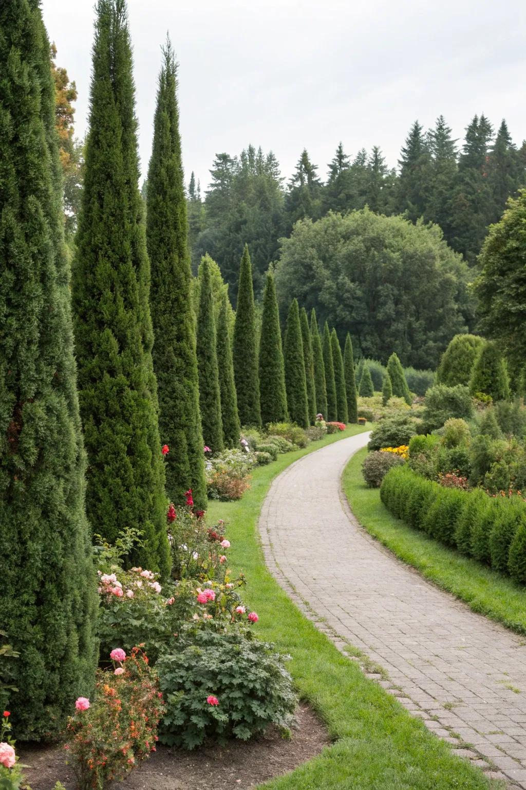 Neatly lined arborvitae guide you through the garden.