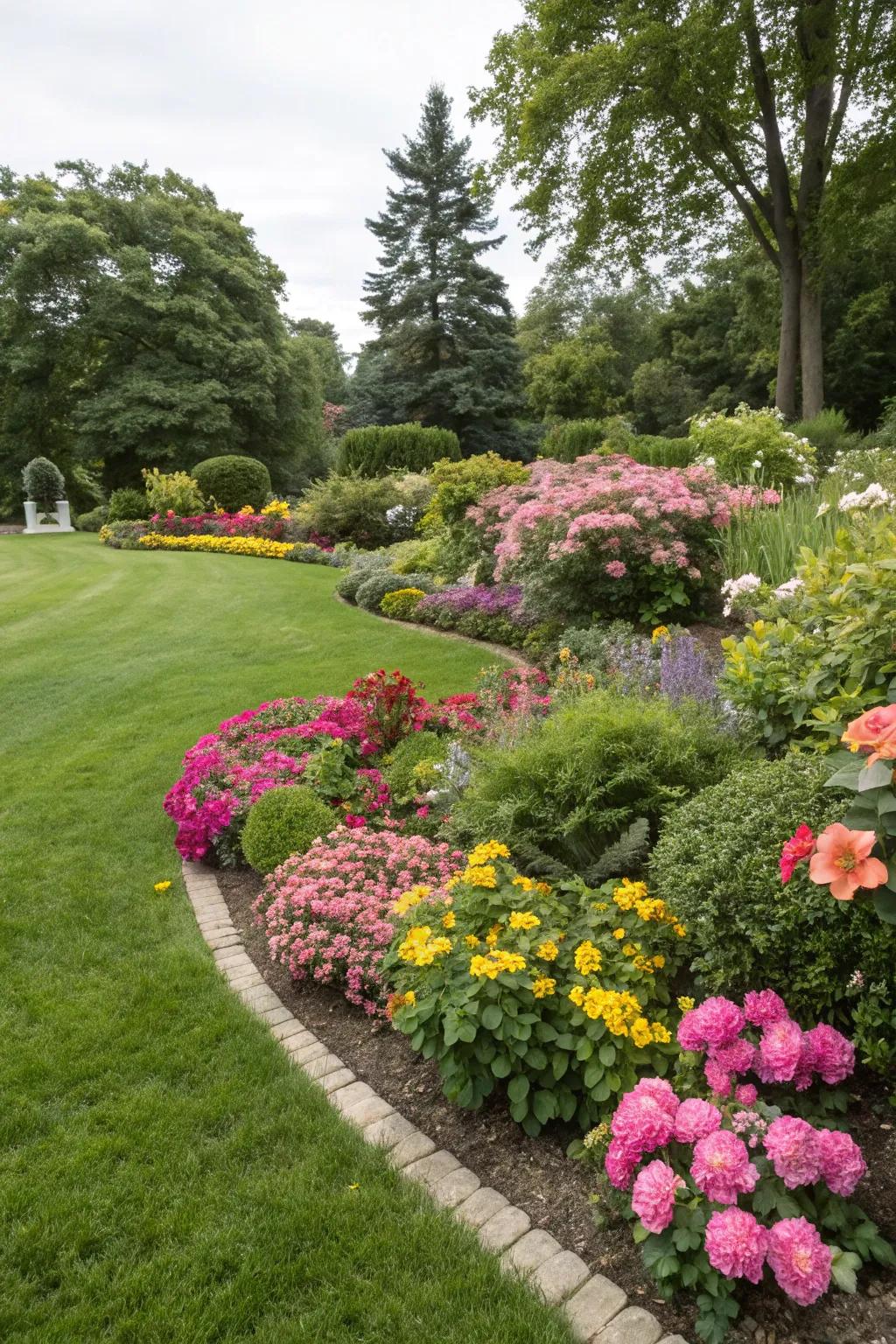 A spectrum of color from flowerbeds that delightfully complement the green lawn.