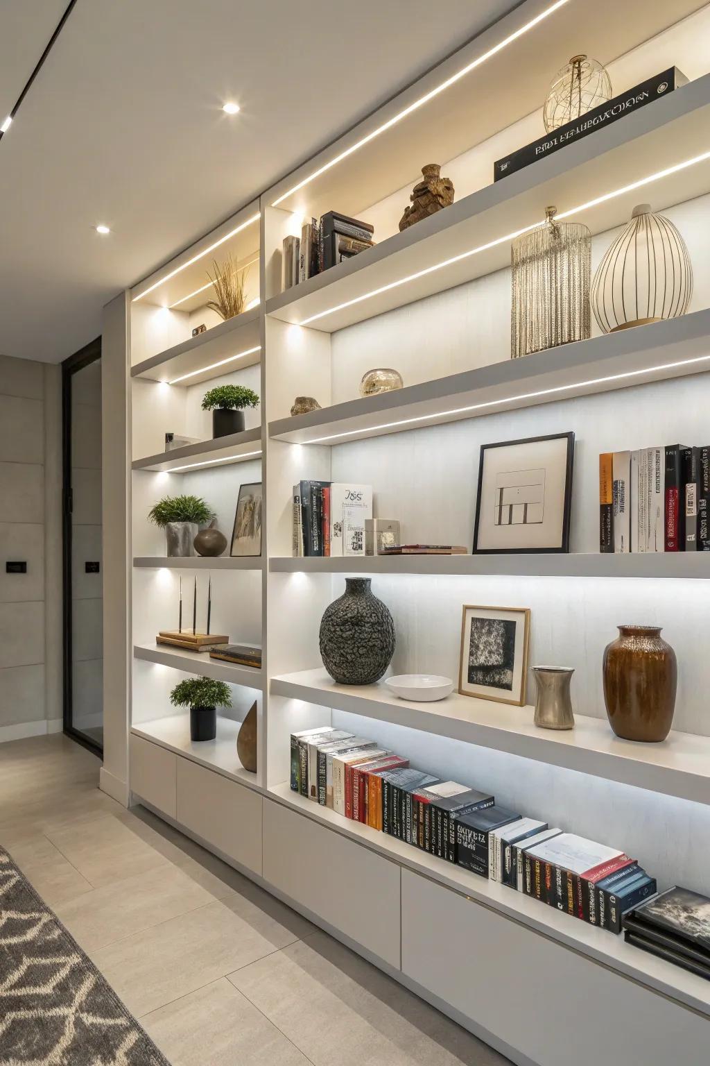 Modern open shelving combines books with decorative items, creating a stylish display.