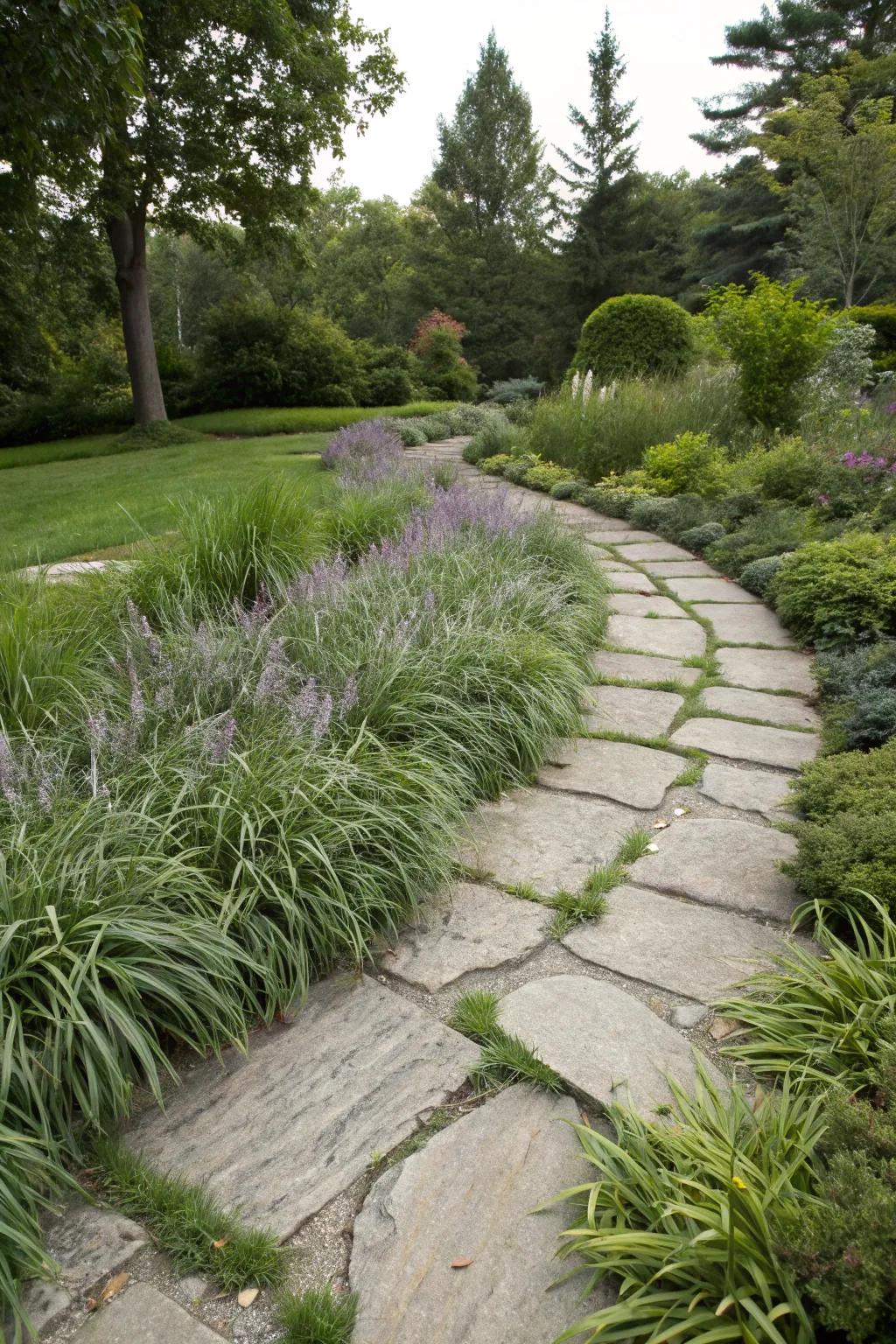 Liriope borders enhance a serene stone pathway, blending nature and design.