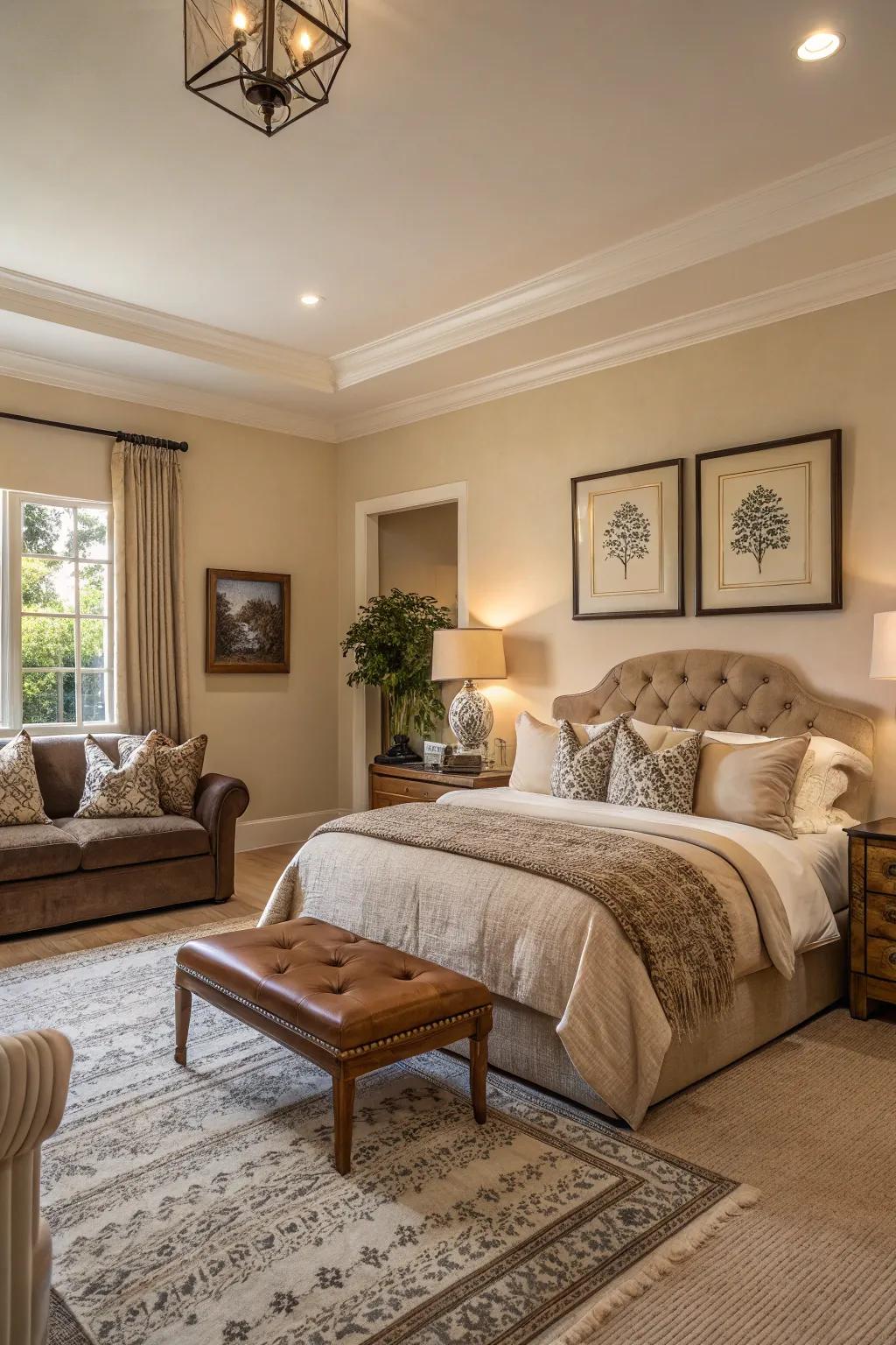 Neutral tones provide a peaceful base for any combined living room bedroom.