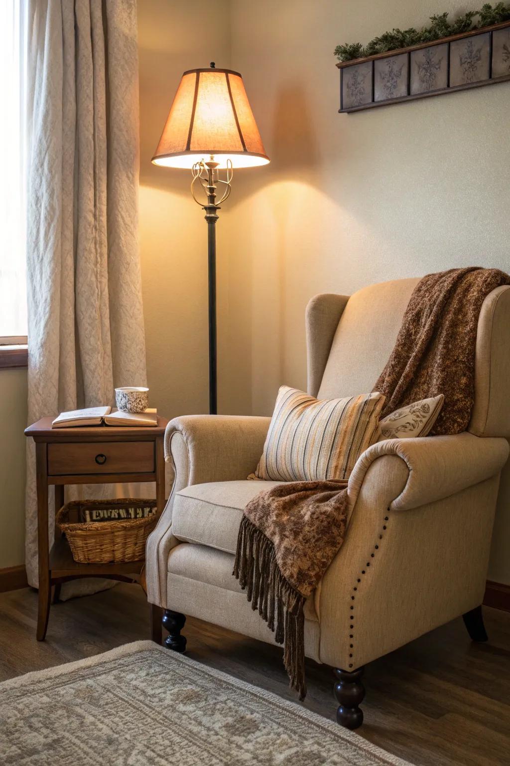 Create a serene reading nook with a comfy chair and ambient lighting.