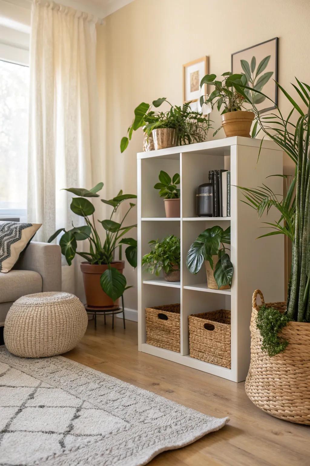 An indoor botanical retreat fashioned from modular shelving, connecting the tranquility of nature with interior design.