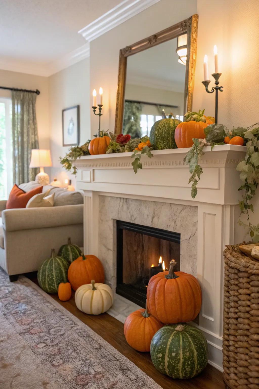This living room mantel features pumpkins and gourds, giving it a playful autumn vibe.