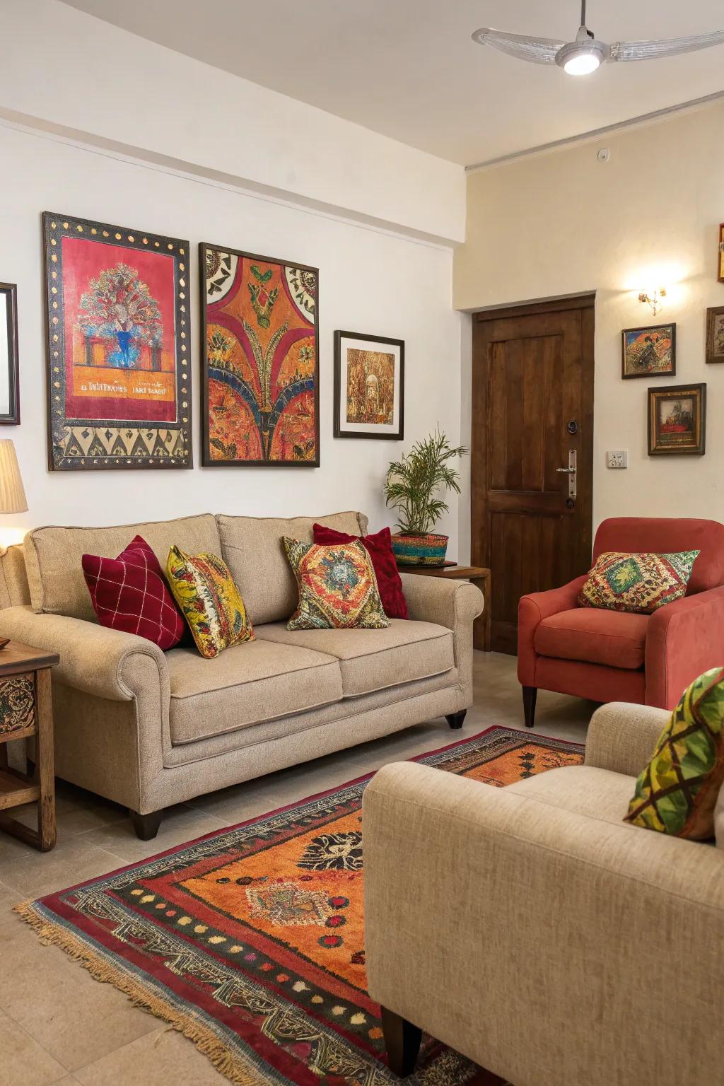 Vibrant accents bring life to a neutral living room.