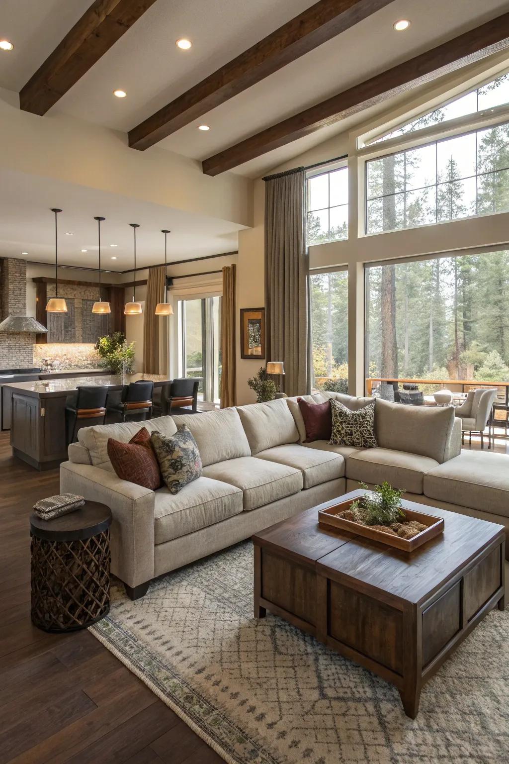 A sectional effectively divides and defines space in an open-concept living area.