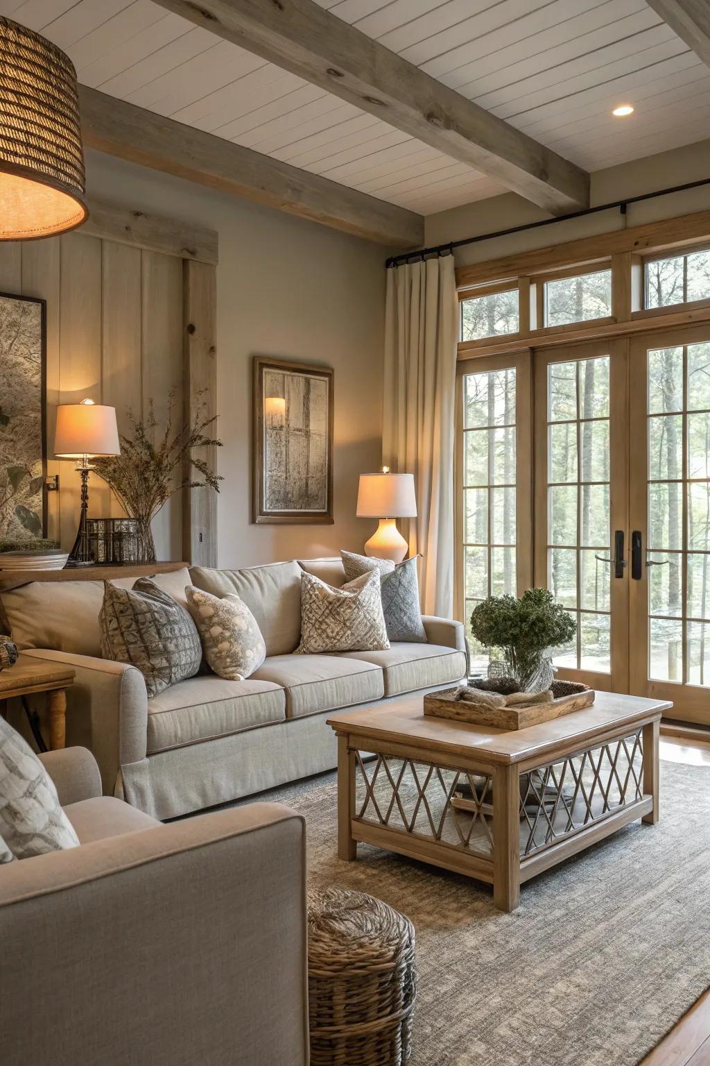 A tranquil living room adorned with a neutral palette that radiates sophistication and peace.
