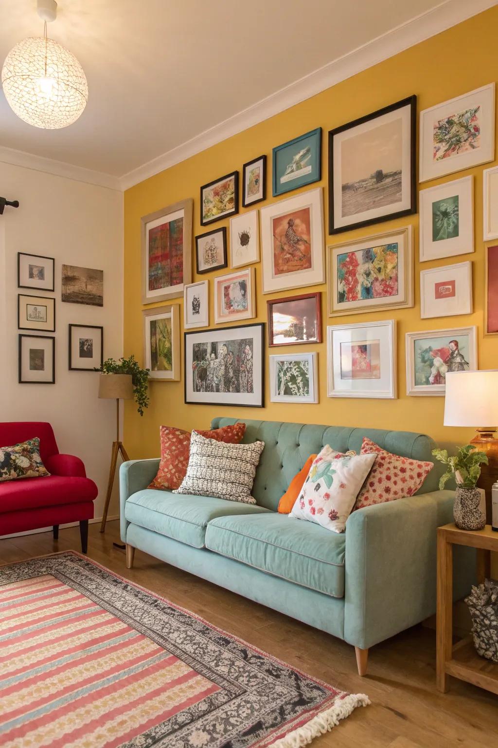 A personalized gallery wall adds depth and character to your living room photos.