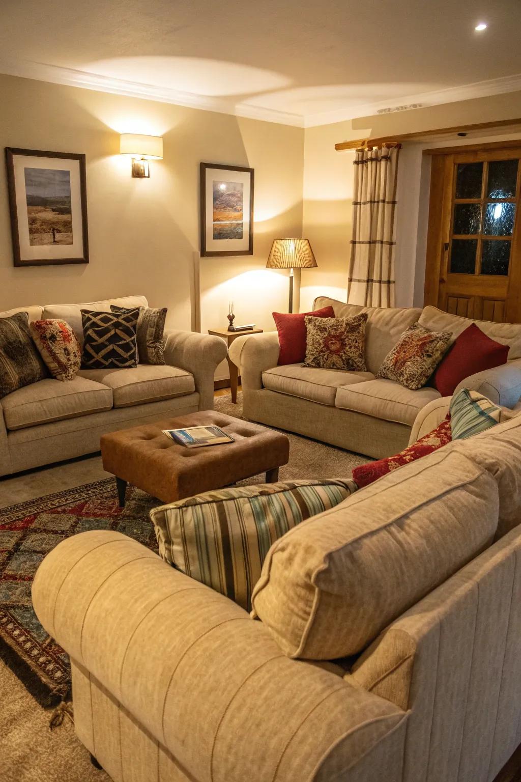 A cozy seating arrangement with plush sofas and accent pillows.