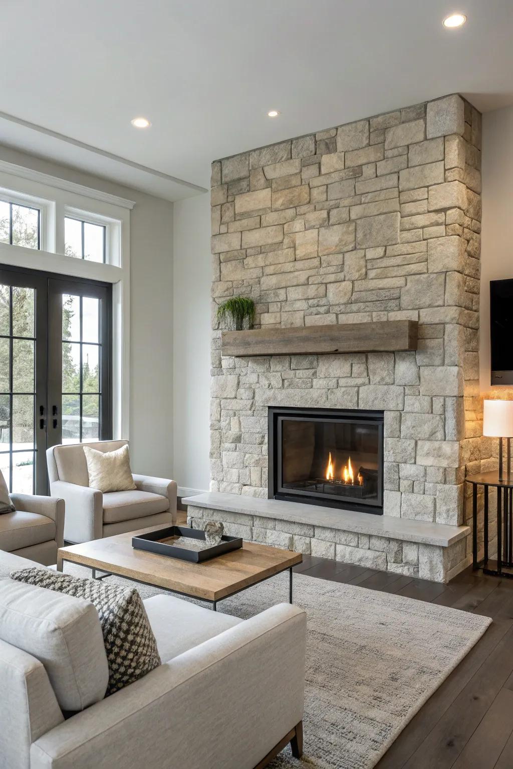 A smooth stone chimney for a cutting edge and moderate family room.