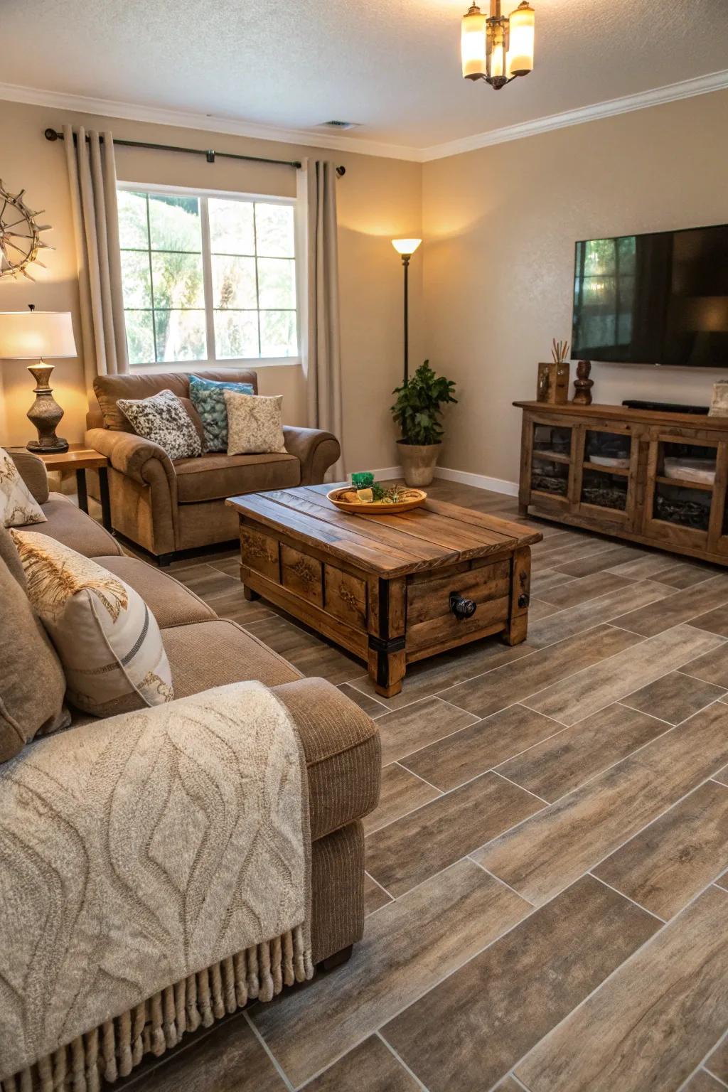 Warm and welcoming family room with timber-style faux stone tiling.