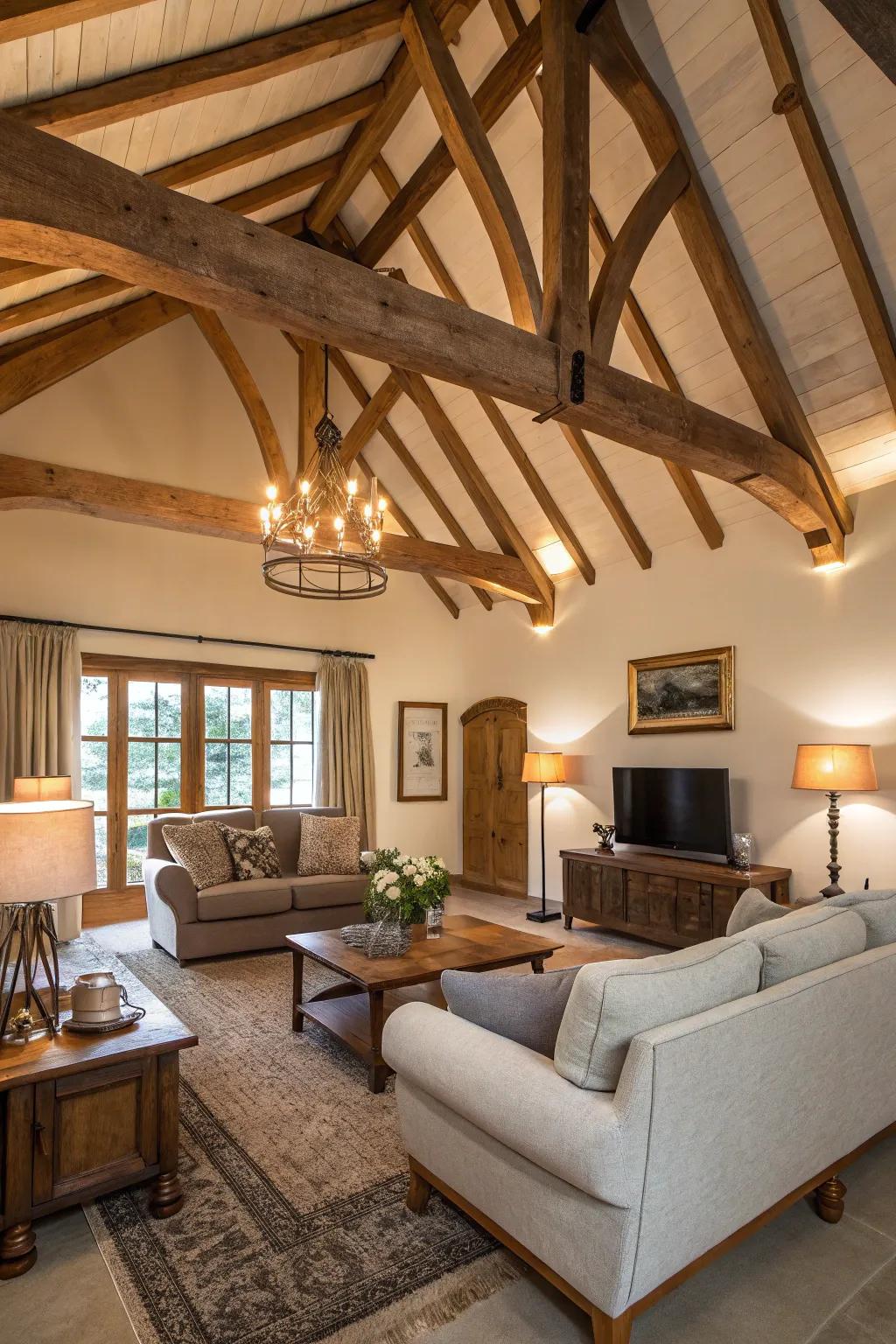 Exposed beams add rustic charm to a vaulted ceiling.