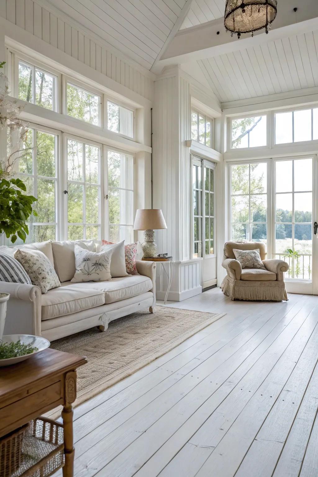 A sunlit living room accentuates the airy charm of white wood floors.