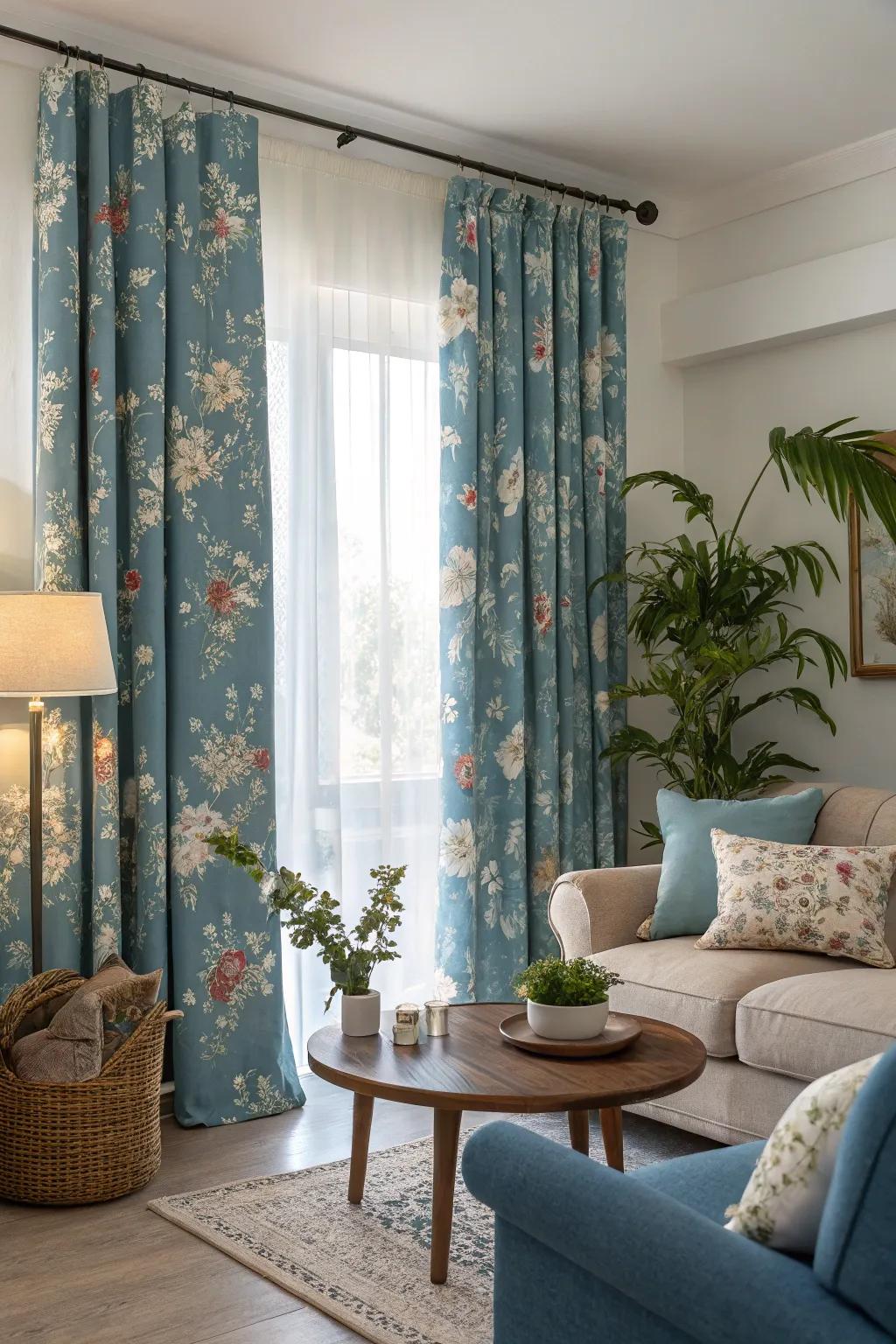 Sky-tinted drapes featuring botanical motifs introduce an appealing and fanciful feel to this living space.