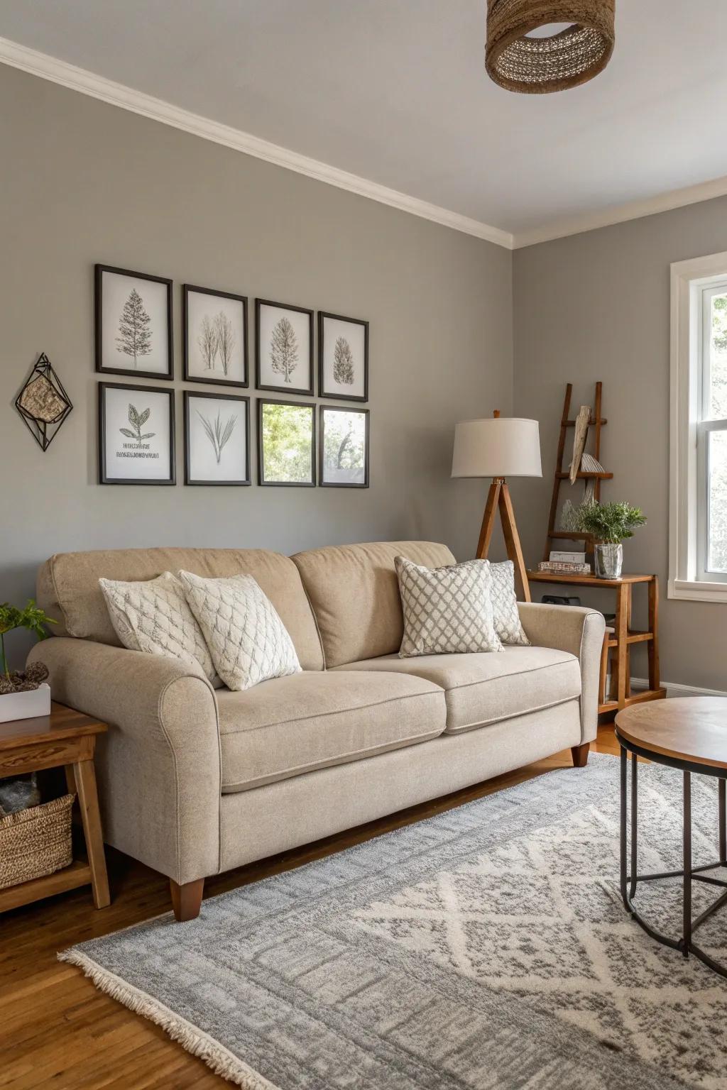 A neutral-toned couch provides a versatile foundation for any living room decor.