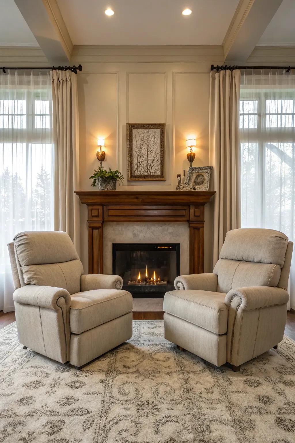A harmonious living room setting with twin recliners around the fireplace.
