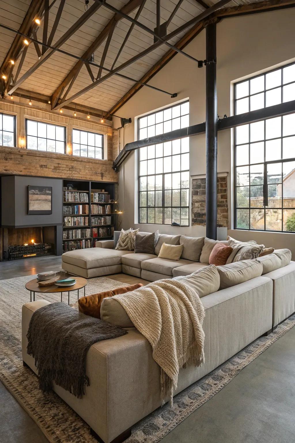 A sectional sofa provides both comfort and style in a loft media room.