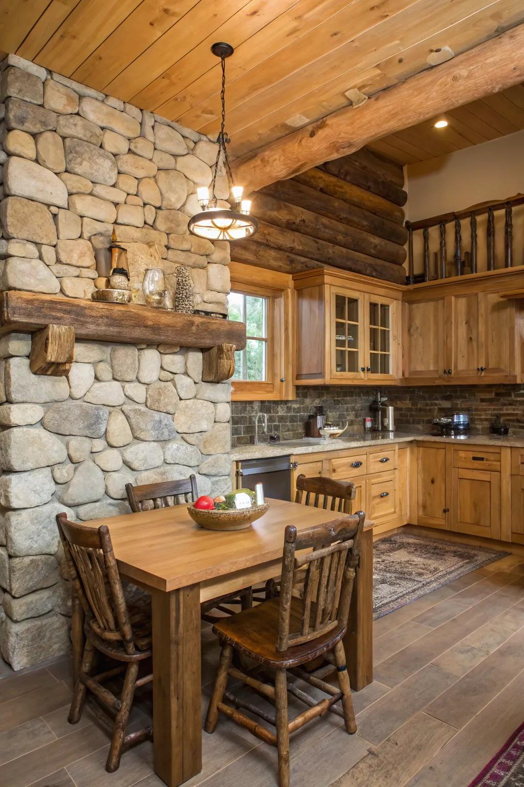 A countryside-themed kitchen featuring a stone backsplash that harmonizes exquisitely with wooden accents.
